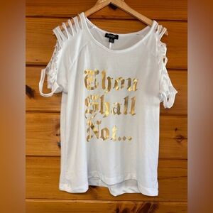 ROUGE COLLECTION 2X White Gold Cut Out Shoulders Round  Neck Short Sleeve Top